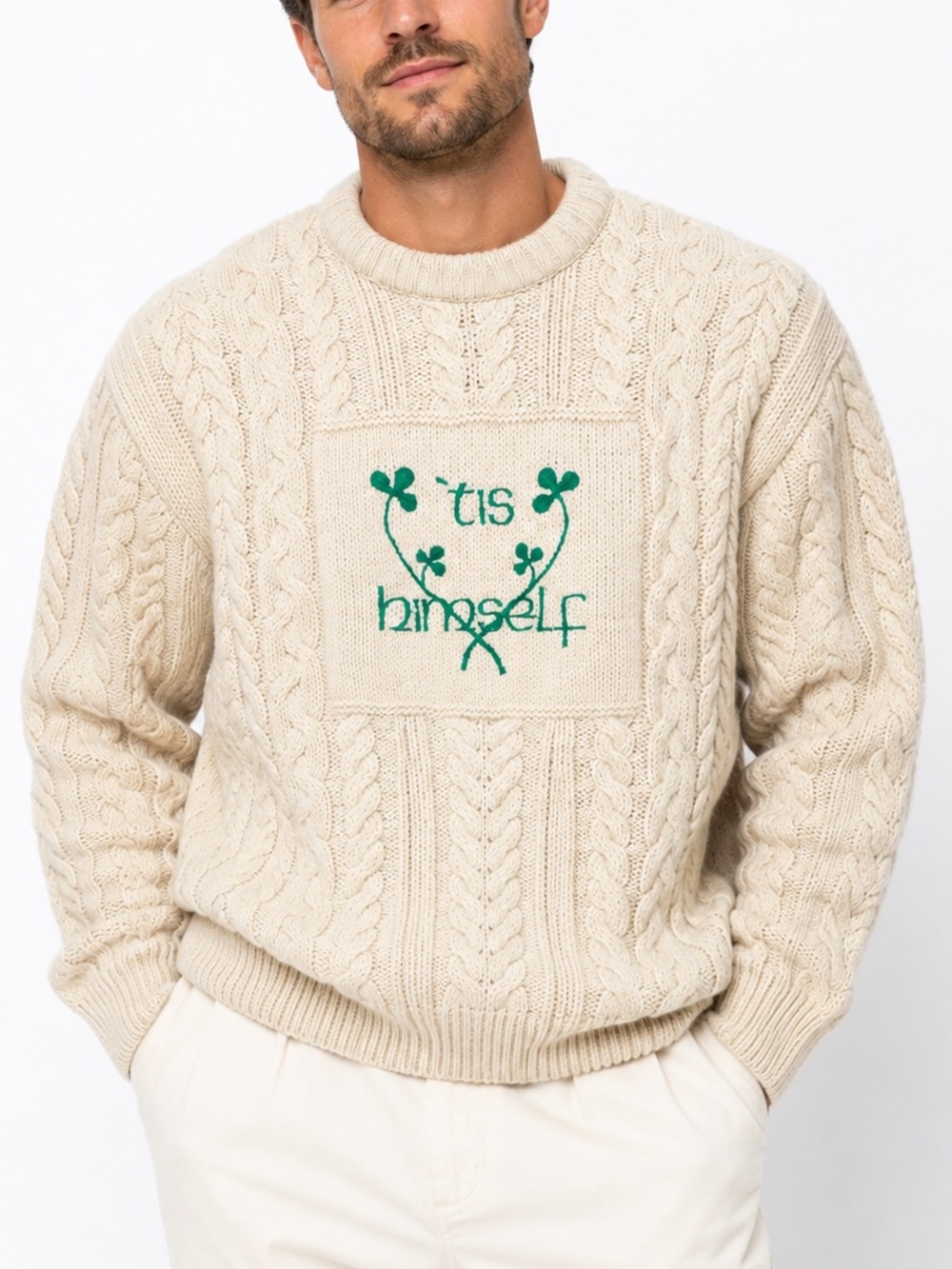 Blarney Vintage Aran Irish Fisherman Cable Knit Wool Clover Embroidered Sweater